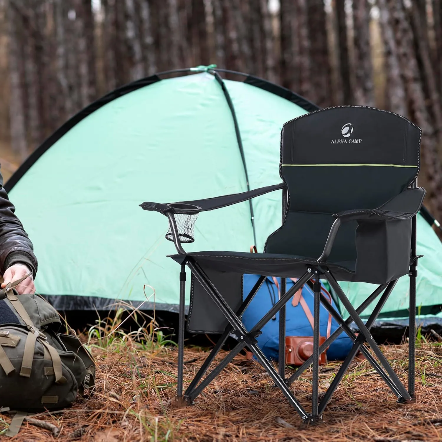 GREEN PARTY Oversized Folding Camping Chairs High Back Heavy Duty Padded Lawn Chair for Adults Support up to 450lbs with Cup Holder, Side Pocket Cooler Bag, Green