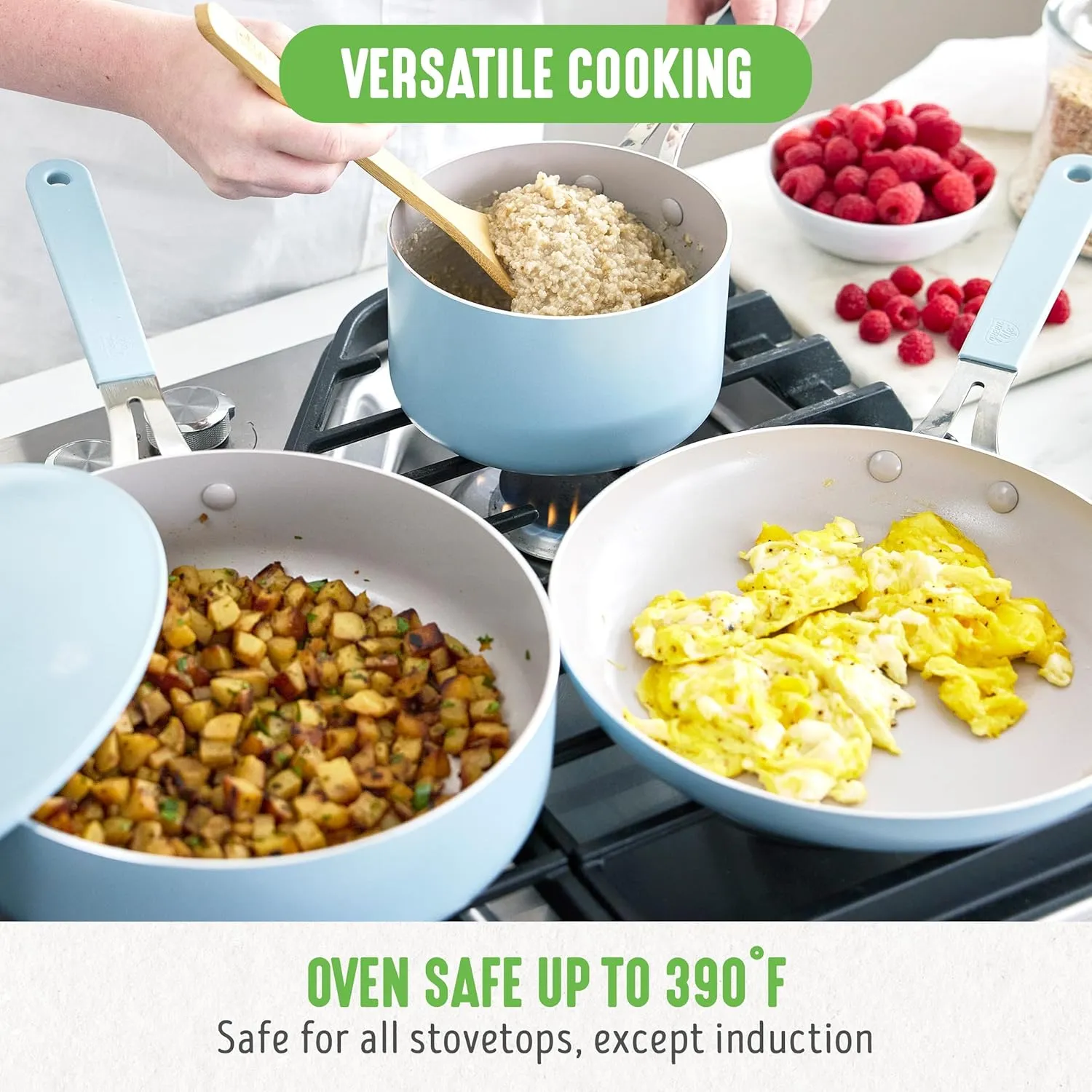 GreenLife 10-Piece Ceramic Nonstick Cookware Set, Dishwasher & Oven Safe, Silicone Stay-Cool Handles, PFAS-Free Ceramic Coated Pots and Pans with Lids, Healthy Kitchen Cooking Set, Dream Blue Haze