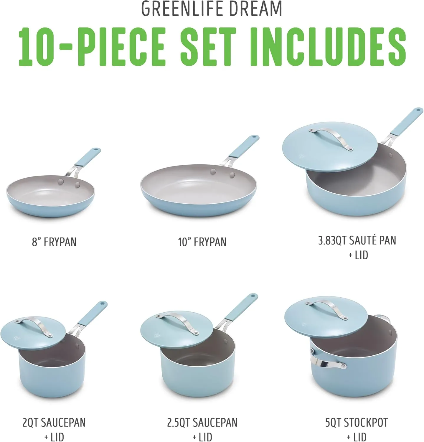 GreenLife 10-Piece Ceramic Nonstick Cookware Set, Dishwasher & Oven Safe, Silicone Stay-Cool Handles, PFAS-Free Ceramic Coated Pots and Pans with Lids, Healthy Kitchen Cooking Set, Dream Blue Haze