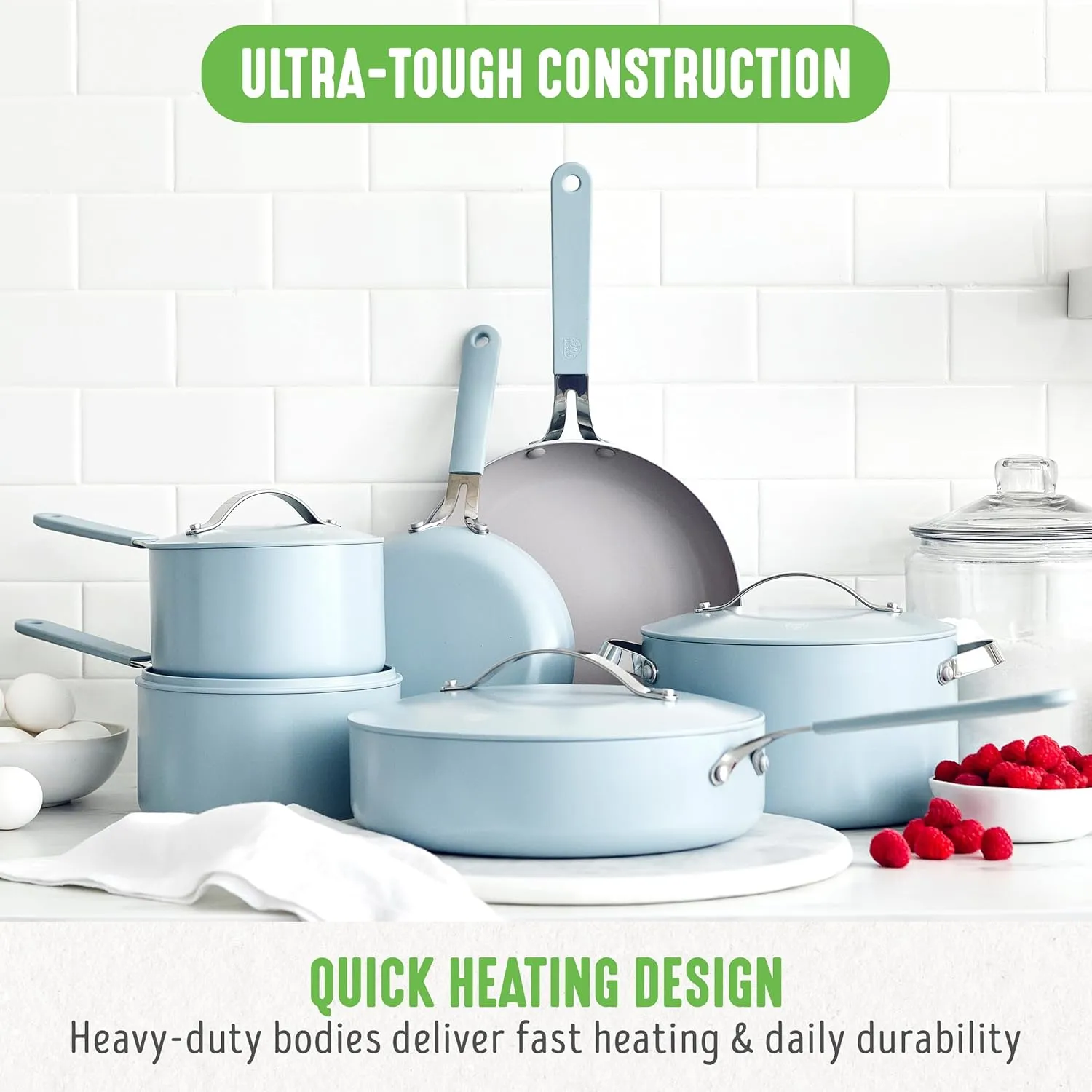GreenLife 10-Piece Ceramic Nonstick Cookware Set, Dishwasher & Oven Safe, Silicone Stay-Cool Handles, PFAS-Free Ceramic Coated Pots and Pans with Lids, Healthy Kitchen Cooking Set, Dream Blue Haze