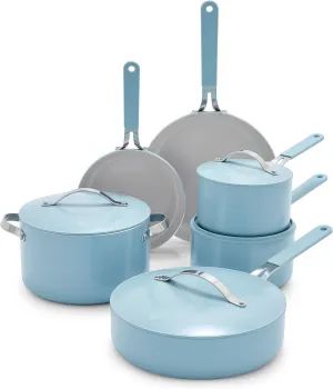 GreenLife 10-Piece Ceramic Nonstick Cookware Set, Dishwasher & Oven Safe, Silicone Stay-Cool Handles, PFAS-Free Ceramic Coated Pots and Pans with Lids, Healthy Kitchen Cooking Set, Dream Blue Haze