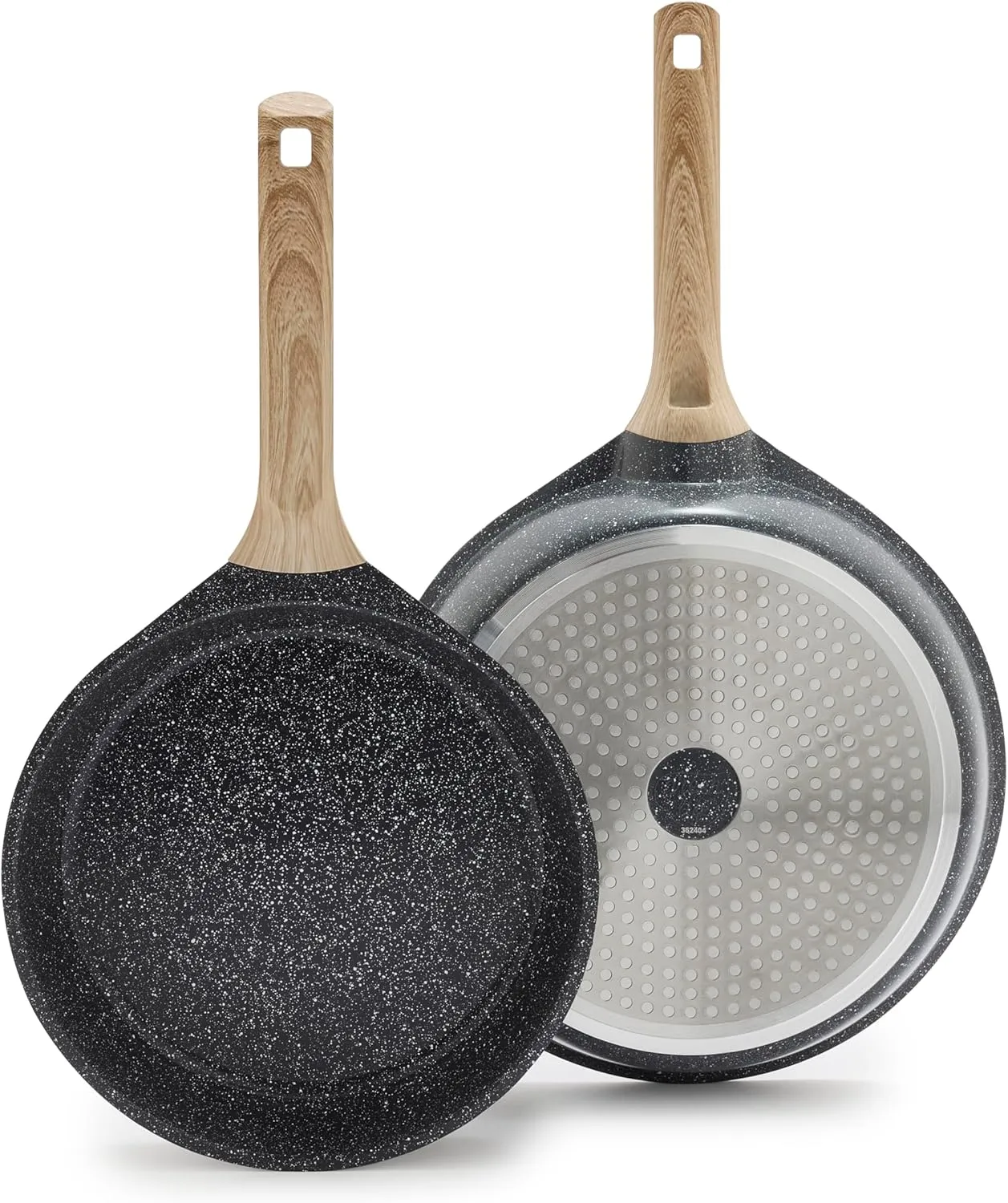 GreenLife Arte 2 Piece Frying Pan Set, Ceramic Nonstick 9.5" & 11" Skillets, Induction Suitable, Non Toxic PFOA & PFAS Free, Wood Print Handles, Dishwasher Safe, Speckled Black
