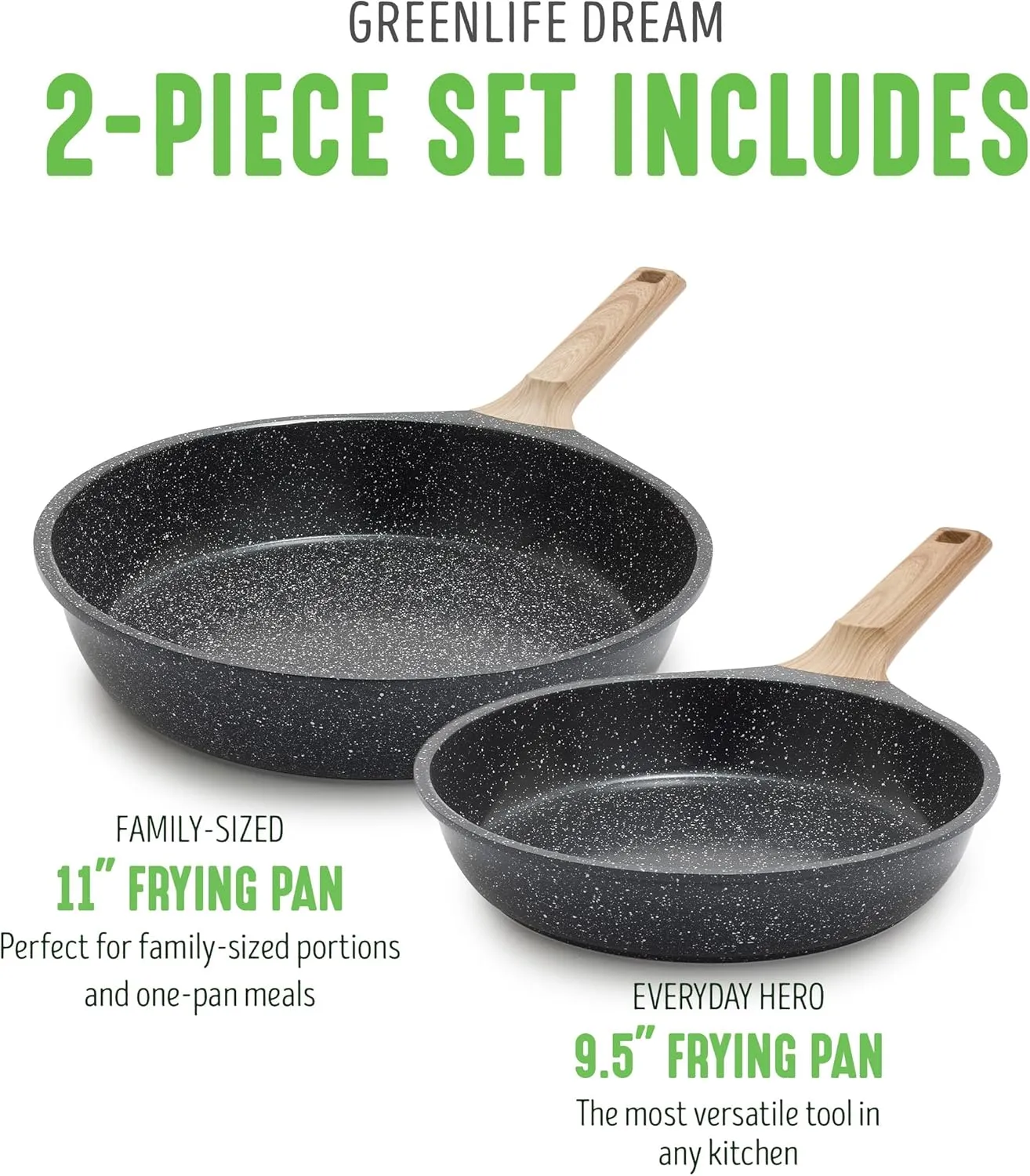 GreenLife Arte 2 Piece Frying Pan Set, Ceramic Nonstick 9.5" & 11" Skillets, Induction Suitable, Non Toxic PFOA & PFAS Free, Wood Print Handles, Dishwasher Safe, Speckled Black