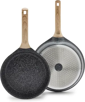 GreenLife Arte 2 Piece Frying Pan Set, Ceramic Nonstick 9.5" & 11" Skillets, Induction Suitable, Non Toxic PFOA & PFAS Free, Wood Print Handles, Dishwasher Safe, Speckled Black