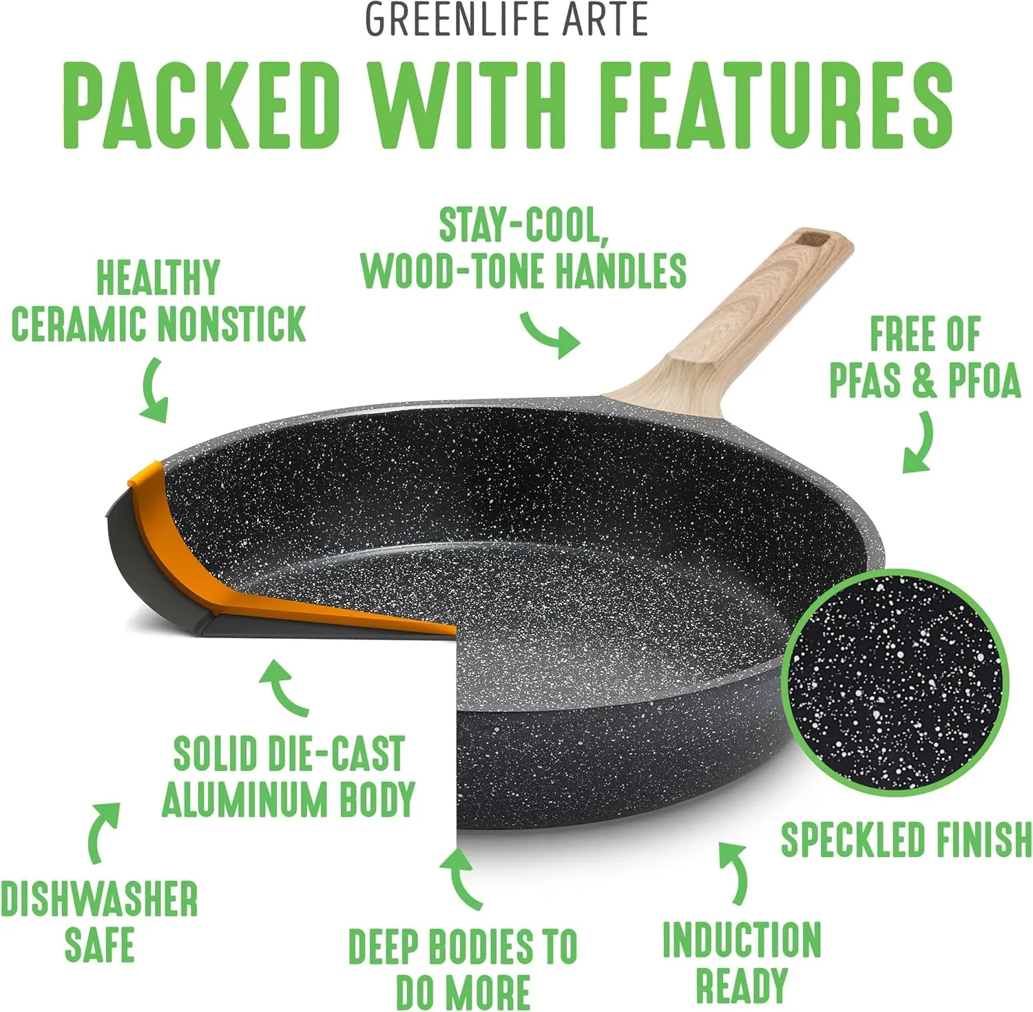 GreenLife Arte 2 Piece Frying Pan Set, Ceramic Nonstick 9.5" & 11" Skillets, Induction Suitable, Non Toxic PFOA & PFAS Free, Wood Print Handles, Dishwasher Safe, Speckled Black