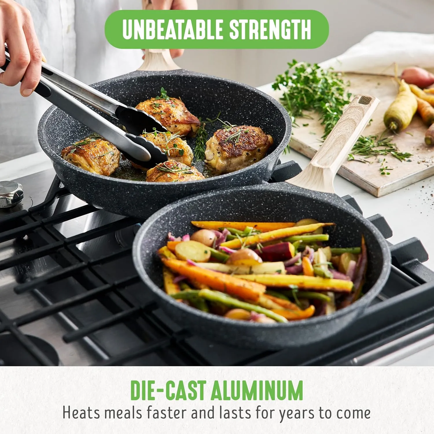 GreenLife Arte 2 Piece Frying Pan Set, Ceramic Nonstick 9.5" & 11" Skillets, Induction Suitable, Non Toxic PFOA & PFAS Free, Wood Print Handles, Dishwasher Safe, Speckled Black
