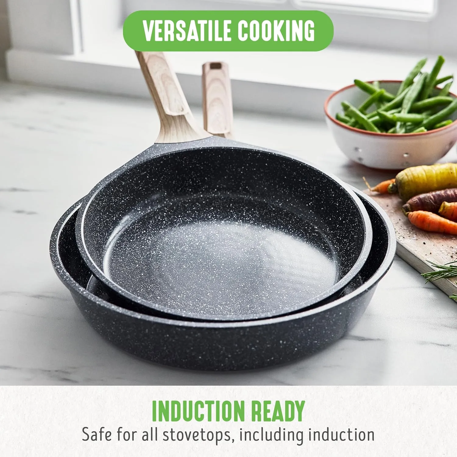 GreenLife Arte 2 Piece Frying Pan Set, Ceramic Nonstick 9.5" & 11" Skillets, Induction Suitable, Non Toxic PFOA & PFAS Free, Wood Print Handles, Dishwasher Safe, Speckled Black