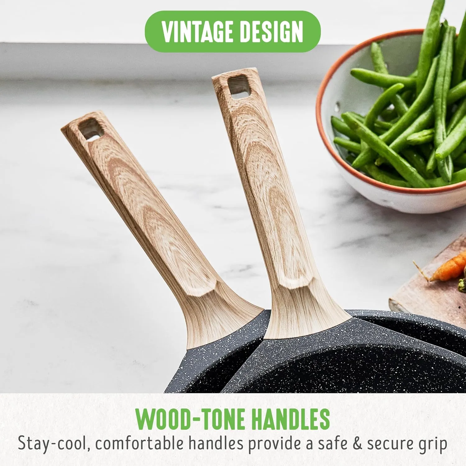 GreenLife Arte 2 Piece Frying Pan Set, Ceramic Nonstick 9.5" & 11" Skillets, Induction Suitable, Non Toxic PFOA & PFAS Free, Wood Print Handles, Dishwasher Safe, Speckled Black