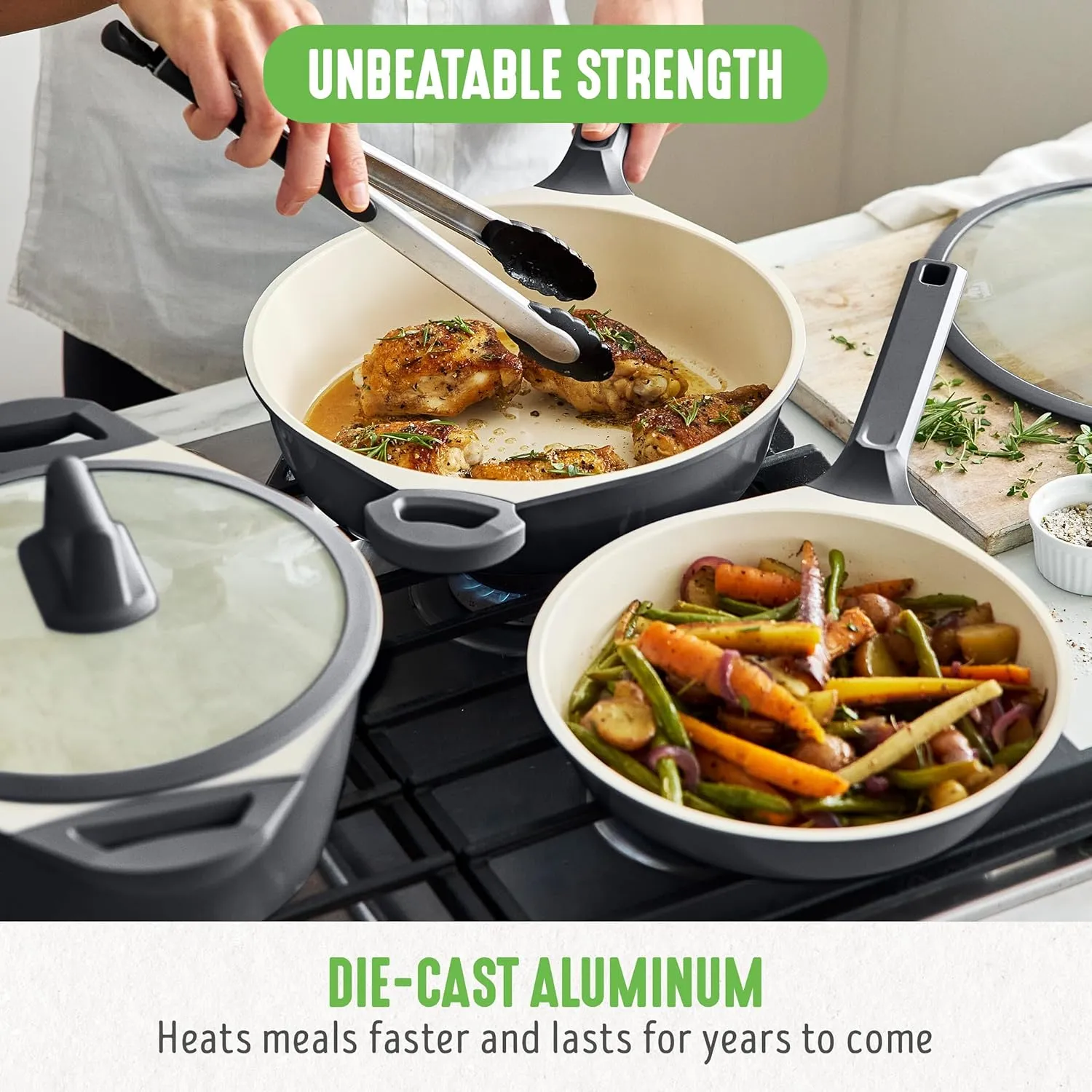 GreenLife Arte 8 Piece Ceramic Nonstick Cookware Pots and Pans Set, Induction Suitable, PFOA & PFAS Free, Stay-Cool Handles, Glass Lids, Stock Saucepans & Frying Pans, Dishwasher Safe, Graphite