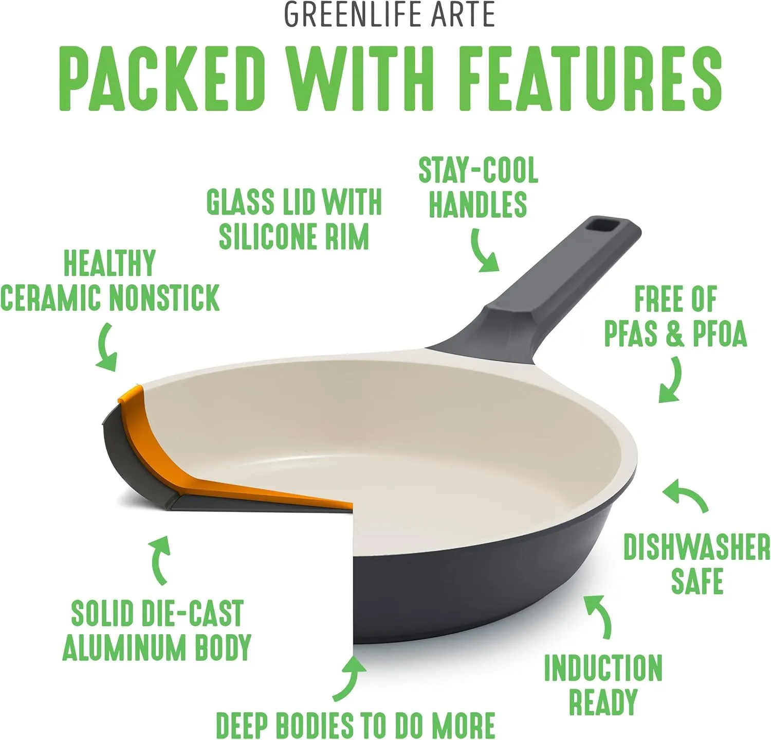 GreenLife Arte 8 Piece Ceramic Nonstick Cookware Pots and Pans Set, Induction Suitable, PFOA & PFAS Free, Stay-Cool Handles, Glass Lids, Stock Saucepans & Frying Pans, Dishwasher Safe, Graphite