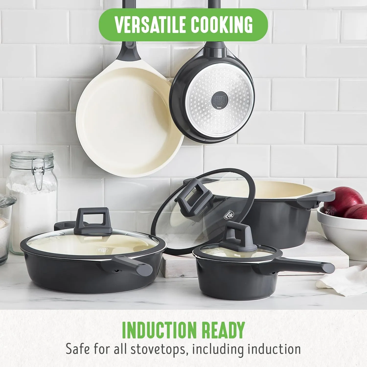 GreenLife Arte 8 Piece Ceramic Nonstick Cookware Pots and Pans Set, Induction Suitable, PFOA & PFAS Free, Stay-Cool Handles, Glass Lids, Stock Saucepans & Frying Pans, Dishwasher Safe, Graphite
