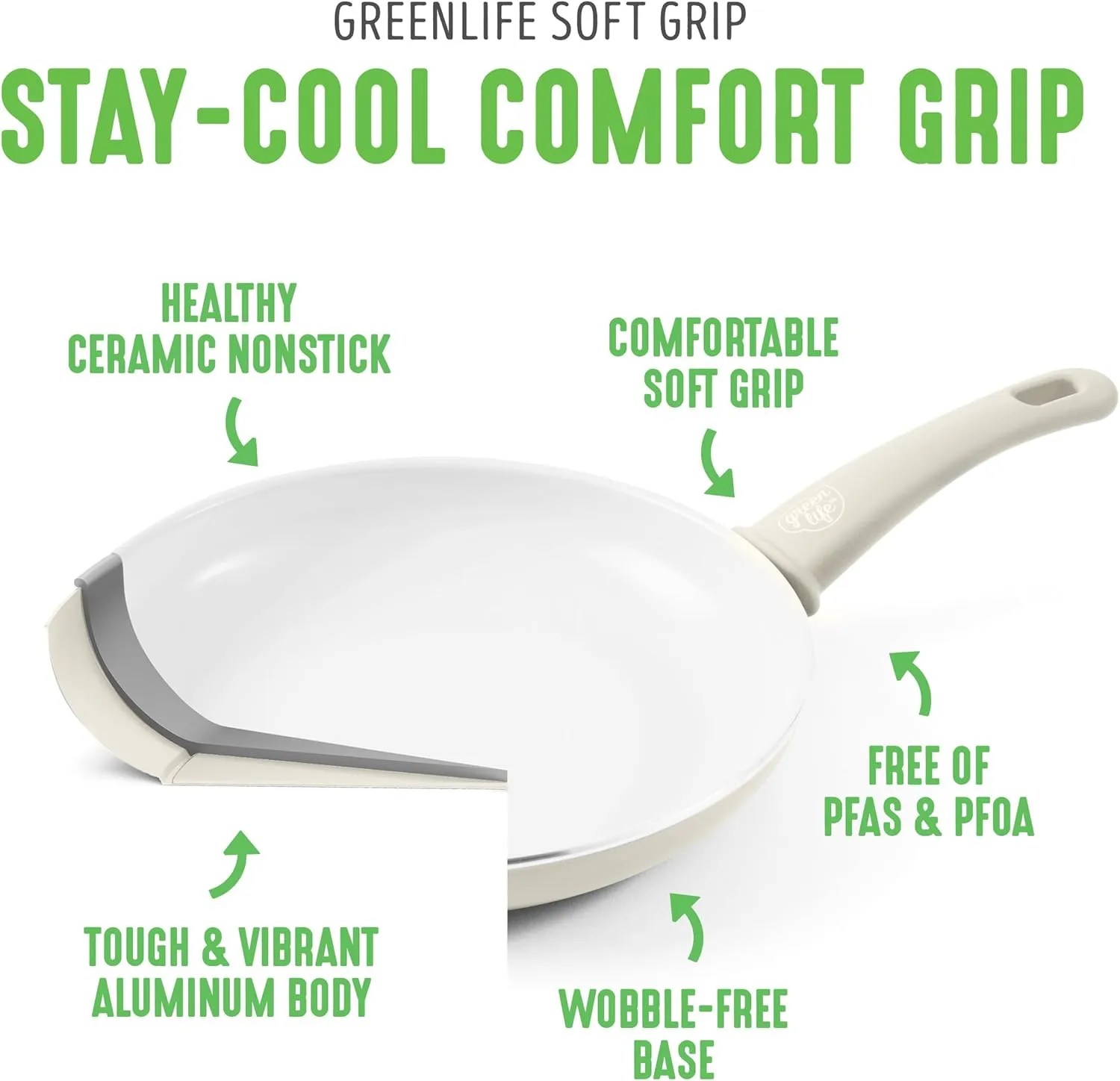 GreenLife Soft Grip 16 Piece Cookware Set, Non-Toxic PFAS-Free Ceramic Nonstick, Frying, Sauce, Saute, Utensils, Glass Lids, Stay-Cool Handles, Wobble Free, Dishwasher & Oven Safe, Cream