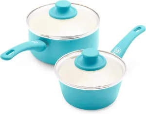 GreenLife Soft Grip 1QT and 2QT Saucepan Set, Non-Toxic PFAS-Free Ceramic Nonstick, Glass Lids, Stay Cool Handles, Wobble Free Base, Dishwasher & Oven Safe, Easy Clean, Multipurpose, Caribbean Blue