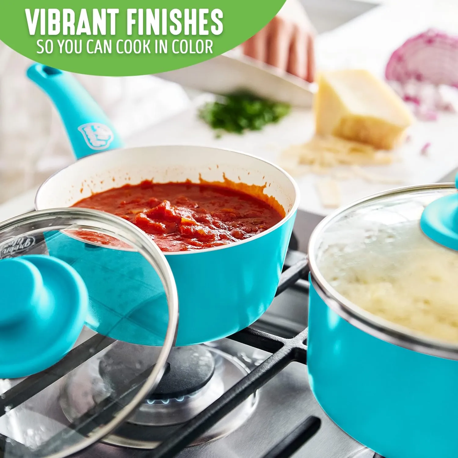 GreenLife Soft Grip 1QT and 2QT Saucepan Set, Non-Toxic PFAS-Free Ceramic Nonstick, Glass Lids, Stay Cool Handles, Wobble Free Base, Dishwasher & Oven Safe, Easy Clean, Multipurpose, Caribbean Blue