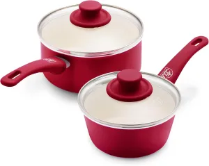 GreenLife Soft Grip 1QT and 2QT Saucepan Set, Non-Toxic PFAS-Free Ceramic Nonstick, Glass Lids, Stay Cool Handles, Wobble Free Base, Dishwasher & Oven Safe, Easy Clean, Multipurpose, Red
