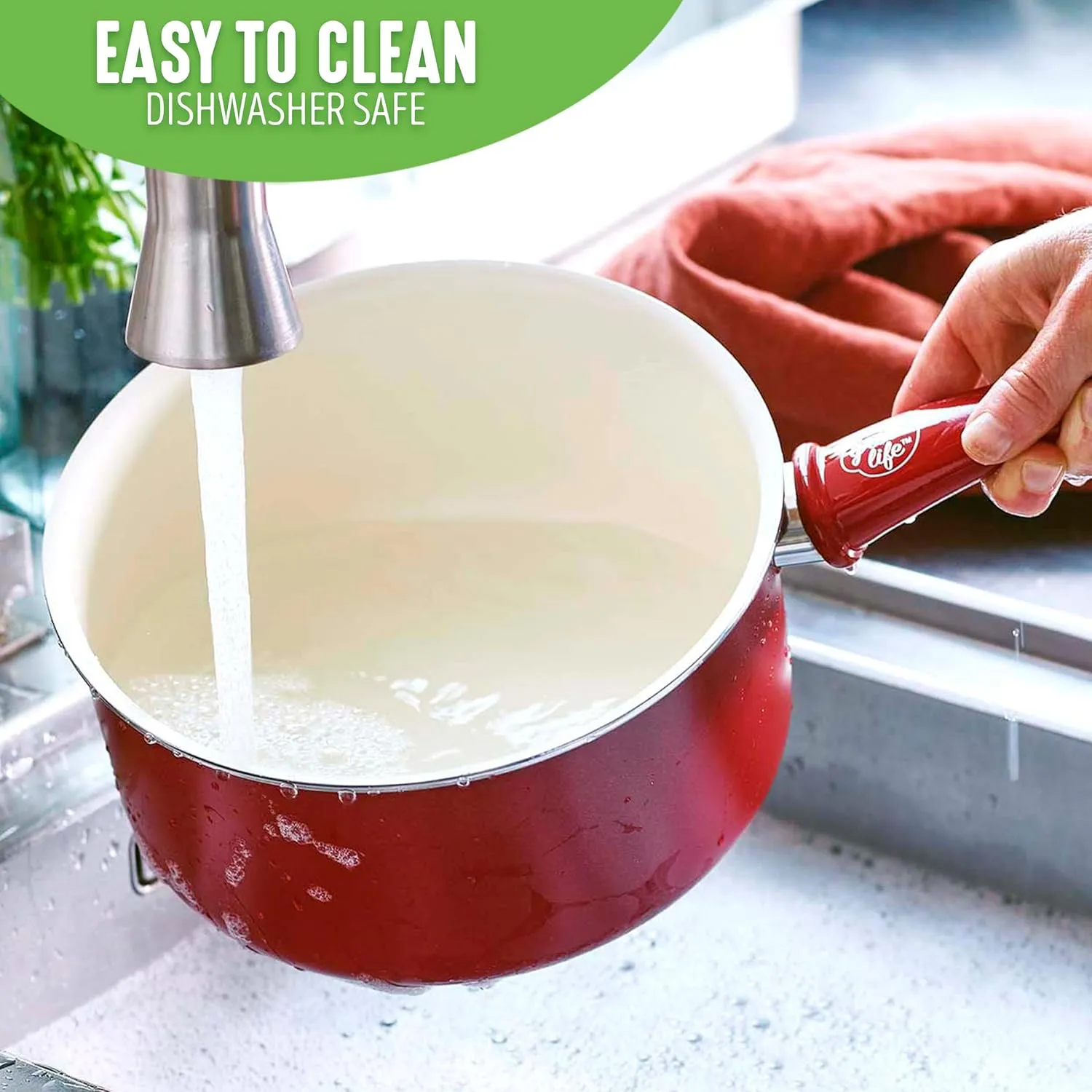 GreenLife Soft Grip 1QT and 2QT Saucepan Set, Non-Toxic PFAS-Free Ceramic Nonstick, Glass Lids, Stay Cool Handles, Wobble Free Base, Dishwasher & Oven Safe, Easy Clean, Multipurpose, Red