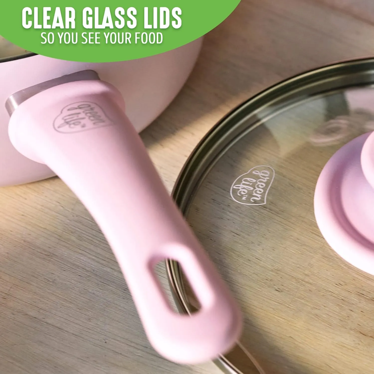 GreenLife Soft Grip 1QT and 2QT Saucepan Set, Non-Toxic PFAS-Free Ceramic Nonstick, Glass Lids, Stay Cool Handles, Wobble Free Base, Dishwasher & Oven Safe, Easy Clean, Multipurpose, Soft Pink