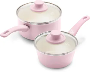 GreenLife Soft Grip 1QT and 2QT Saucepan Set, Non-Toxic PFAS-Free Ceramic Nonstick, Glass Lids, Stay Cool Handles, Wobble Free Base, Dishwasher & Oven Safe, Easy Clean, Multipurpose, Soft Pink