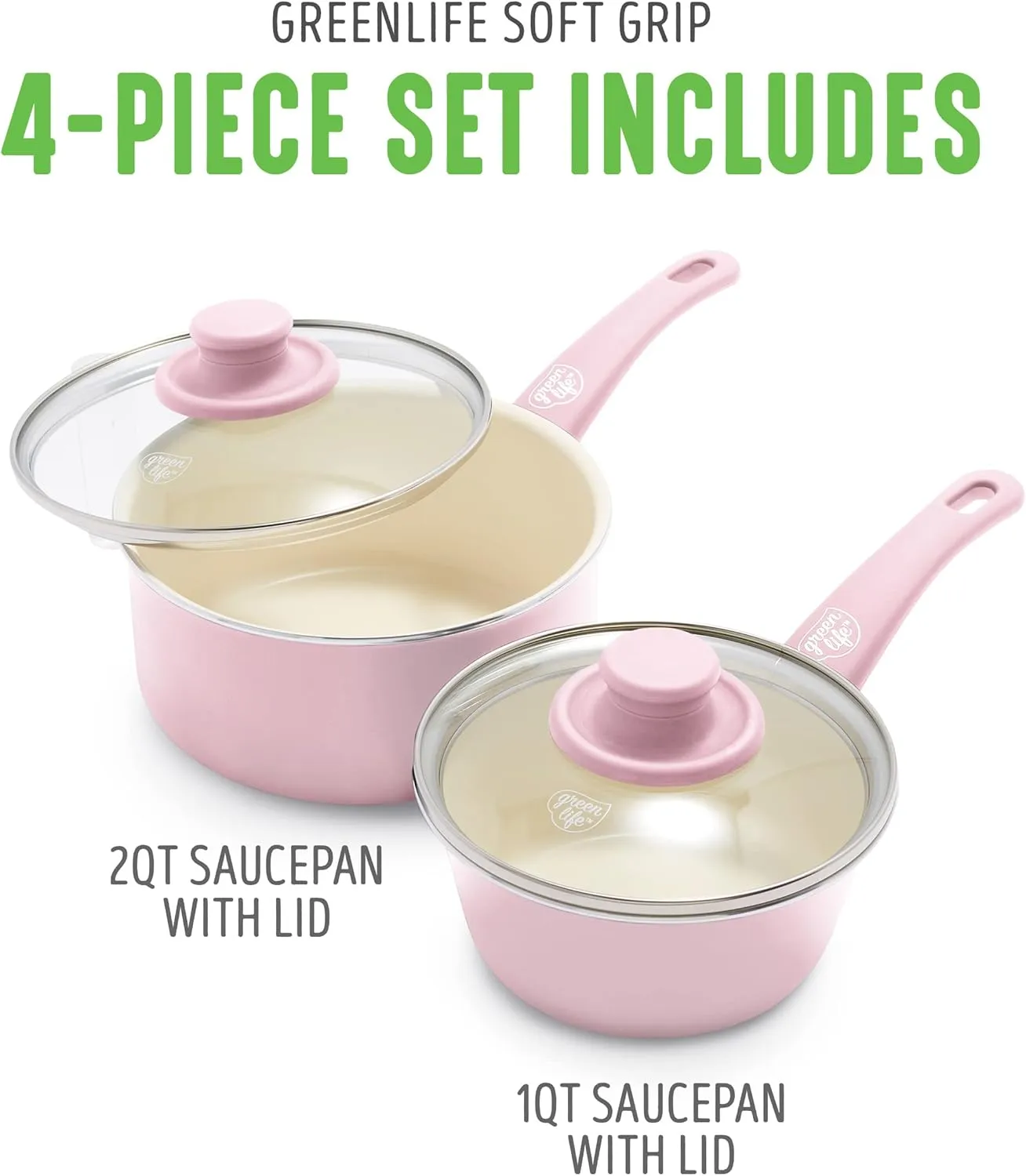 GreenLife Soft Grip 1QT and 2QT Saucepan Set, Non-Toxic PFAS-Free Ceramic Nonstick, Glass Lids, Stay Cool Handles, Wobble Free Base, Dishwasher & Oven Safe, Easy Clean, Multipurpose, Soft Pink