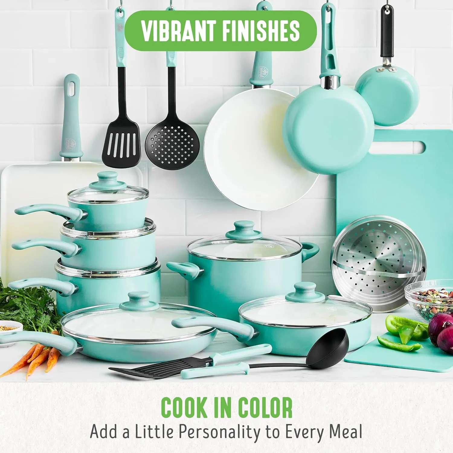 GreenLife Soft Grip 23 Piece Kitchen Cookware Pots and Frying Saucepans Set, Healthy Ceramic Nonstick PFAS and PFOA-Free, Dishwasher and Oven Safe, Even Heating, Easy Clean, Warp Control, Turquoise
