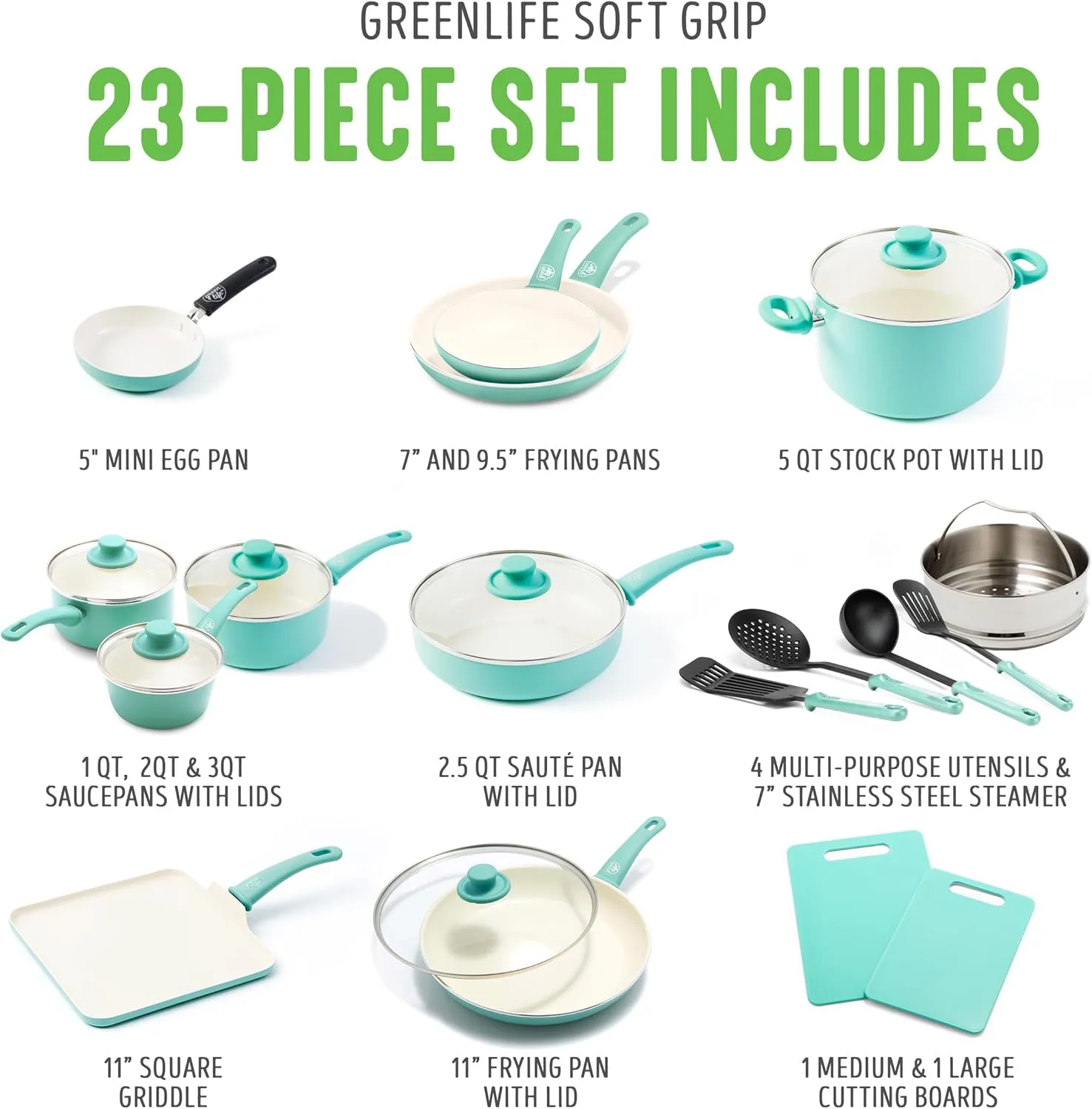 GreenLife Soft Grip 23 Piece Kitchen Cookware Pots and Frying Saucepans Set, Healthy Ceramic Nonstick PFAS and PFOA-Free, Dishwasher and Oven Safe, Even Heating, Easy Clean, Warp Control, Turquoise