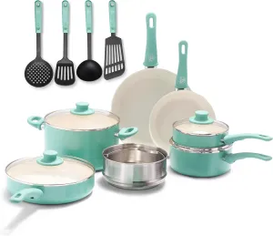 GreenLife Soft Grip Healthy Ceramic Nonstick, 15 Piece Cookware Pots and Pans Set, Induction, PFAS-Free, Dishwasher Safe, Turquoise
