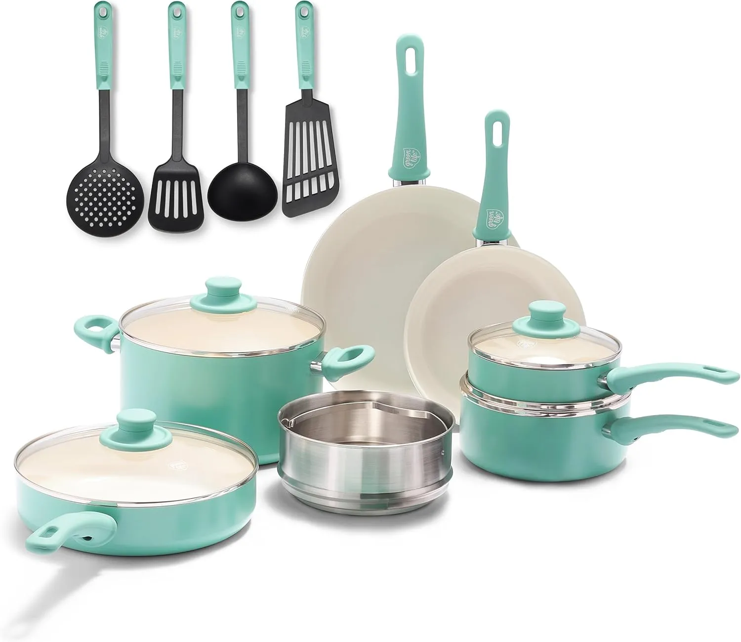 GreenLife Soft Grip Healthy Ceramic Nonstick, 15 Piece Cookware Pots and Pans Set, Induction, PFAS-Free, Dishwasher Safe, Turquoise