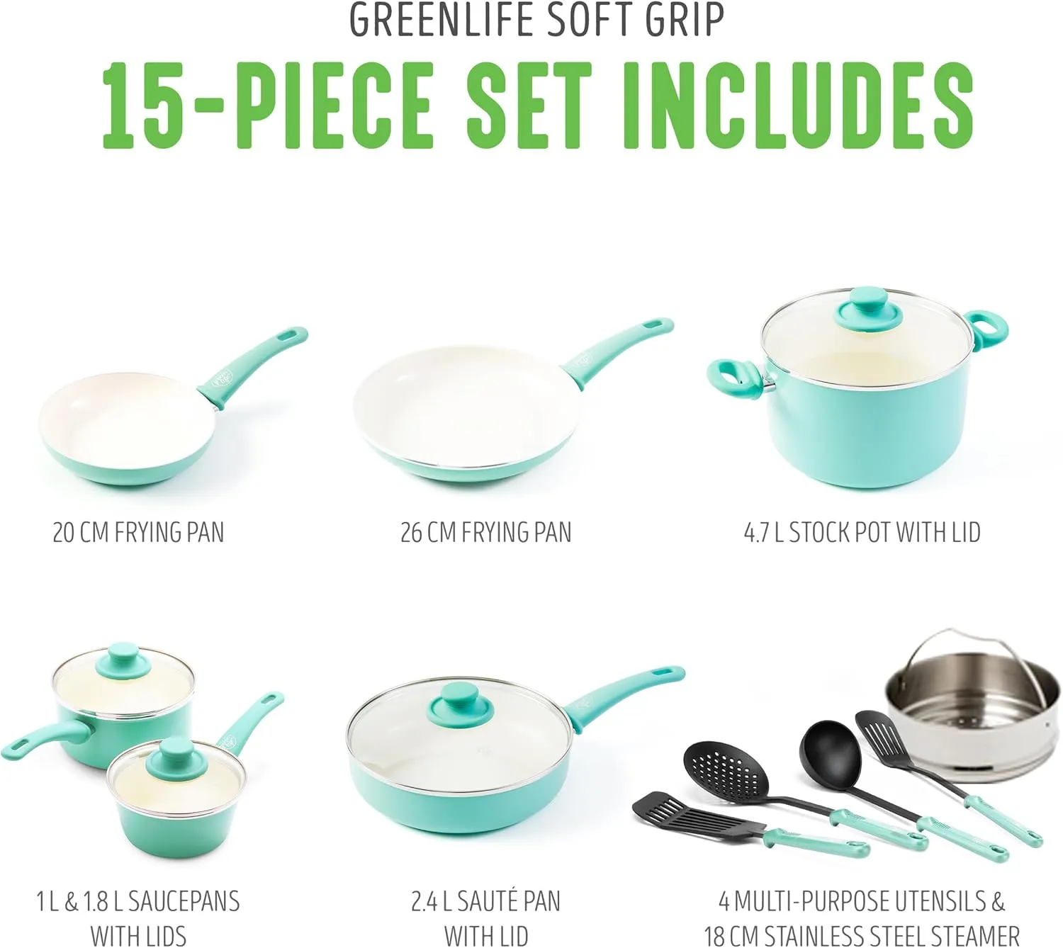 GreenLife Soft Grip Healthy Ceramic Nonstick, 15 Piece Cookware Pots and Pans Set, Induction, PFAS-Free, Dishwasher Safe, Turquoise