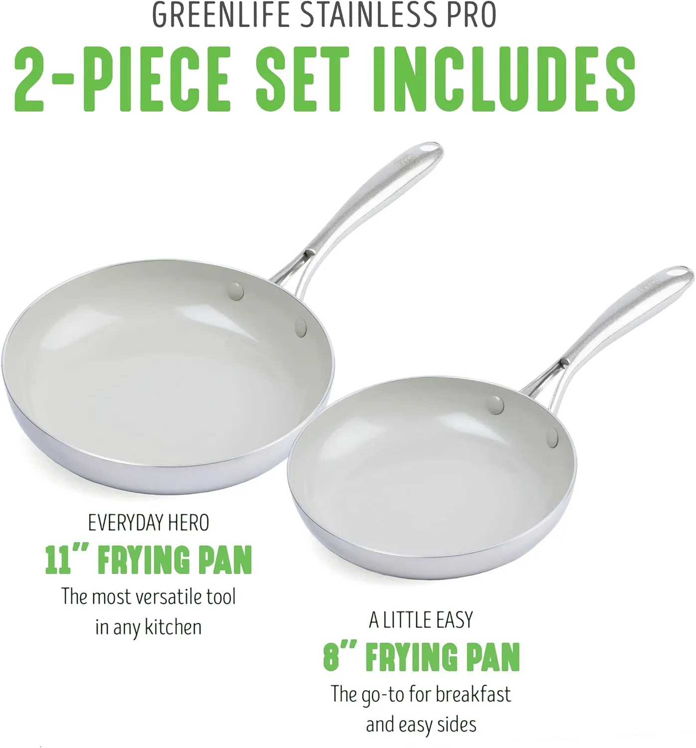 GreenLife Tri-Ply Stainless Steel Healthy Ceramic Nonstick, 8" and 11" Frying Pan Skillet Set, PFAS-Free, Multi Clad, Induction, Dishwasher Safe, Oven Safe, Silver
