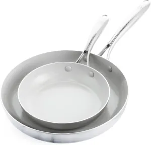 GreenLife Tri-Ply Stainless Steel Healthy Ceramic Nonstick, 8" and 11" Frying Pan Skillet Set, PFAS-Free, Multi Clad, Induction, Dishwasher Safe, Oven Safe, Silver