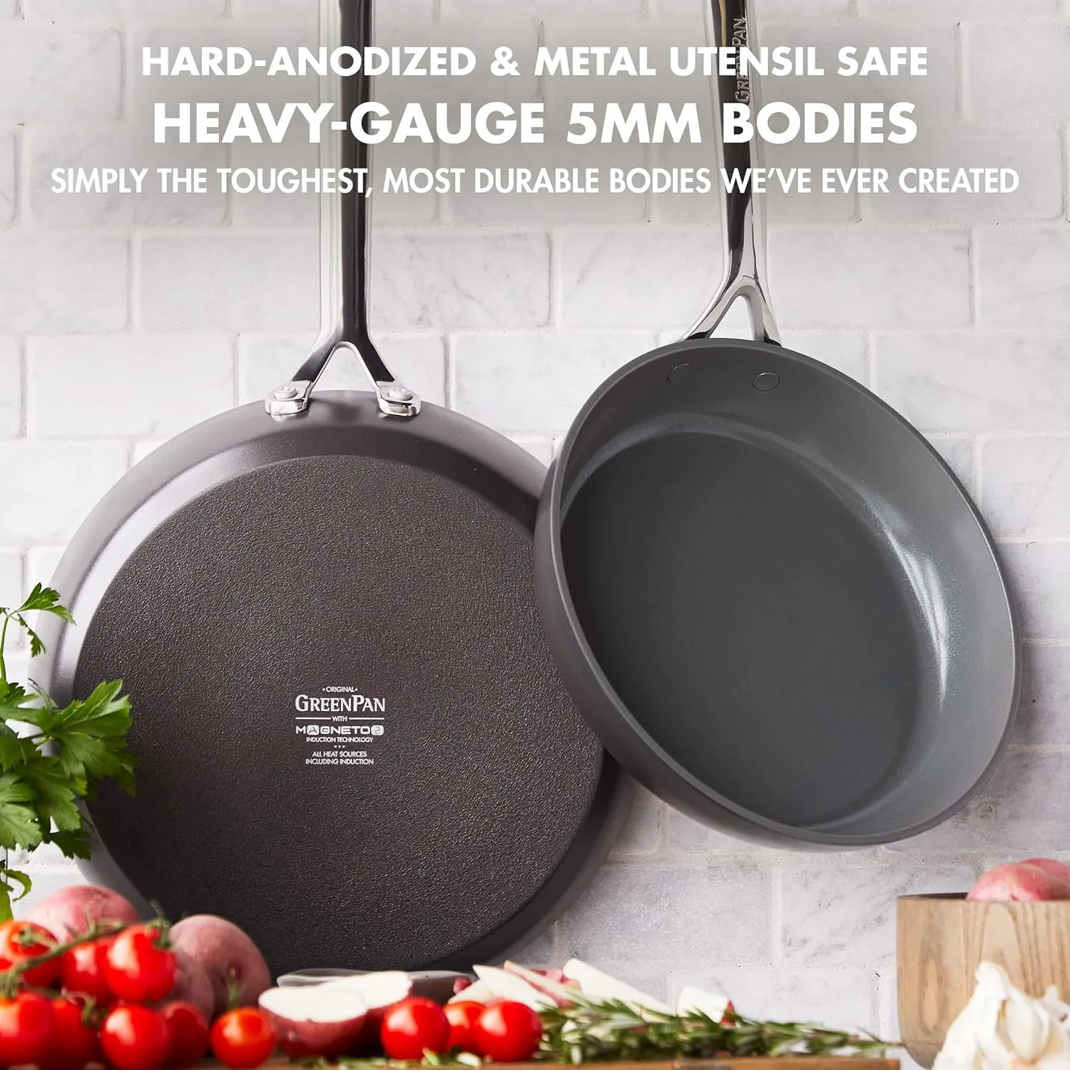GreenPan GP5 Hard Anodized Healthy Ceramic Nonstick 9.5” & 11” 2 Piece Frying Pan Skillet Set,Heavy Gauge Scratch Resistant,Stay-Flat Surface, Induction, Mirror Finish Handle,Oven Safe,PFAS-Free,Cocoa