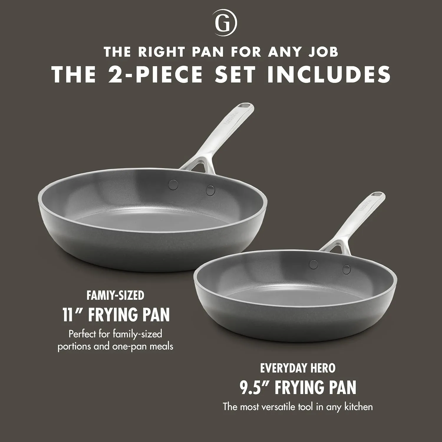 GreenPan GP5 Hard Anodized Healthy Ceramic Nonstick 9.5” & 11” 2 Piece Frying Pan Skillet Set,Heavy Gauge Scratch Resistant,Stay-Flat Surface, Induction, Mirror Finish Handle,Oven Safe,PFAS-Free,Cocoa