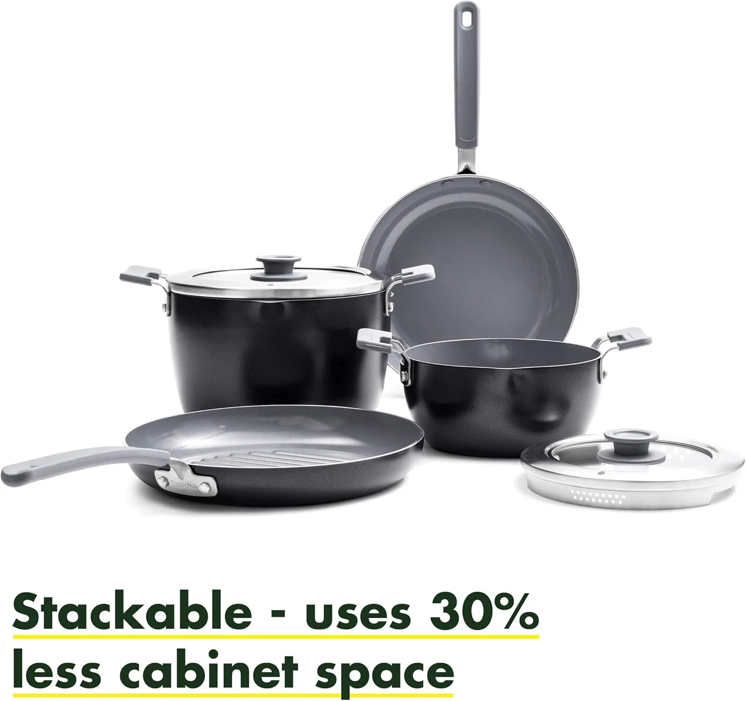 GreenPan Levels Essential Stackable Healthy Ceramic Nonstick, 6 Piece Cookware Pots and Pans Set, PFAS-Free, Dishwasher Safe, Black
