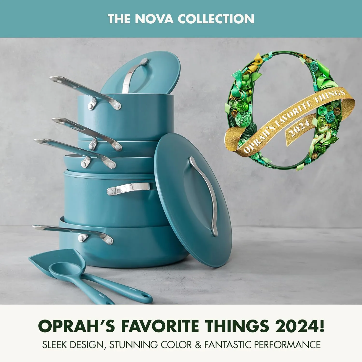GreenPan Nova 10-Piece Cookware Pots and Pans Set, Oprah’s Favorite Things 2024, PFAS-Free Ceramic Nonstick, Fry, Sauté, Stockpot, Utensils, Lids, Induction Suitable, Dishwasher, Oven Safe, Deep Teal
