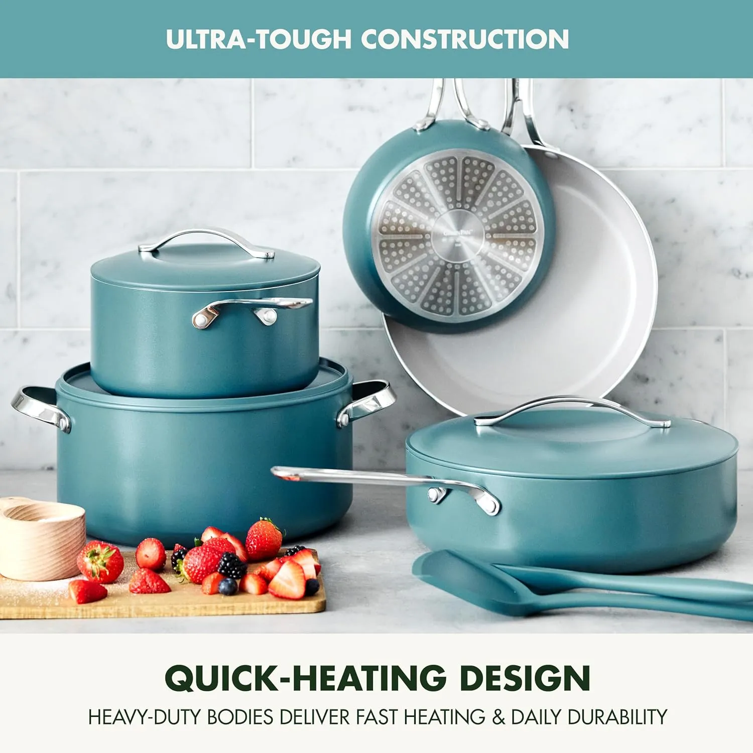 GreenPan Nova 10-Piece Cookware Pots and Pans Set, Oprah’s Favorite Things 2024, PFAS-Free Ceramic Nonstick, Fry, Sauté, Stockpot, Utensils, Lids, Induction Suitable, Dishwasher, Oven Safe, Deep Teal