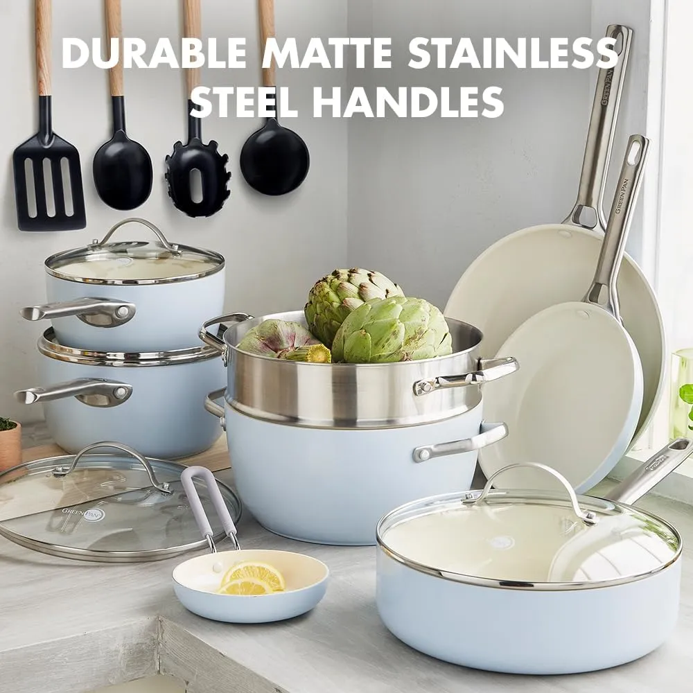 GreenPan Padova Hard Anodized Healthy Ceramic Nonstick 17 Piece Cookware Set, PFAS-Free, Induction, Dishwasher Safe, Oven Safe, Light Blue
