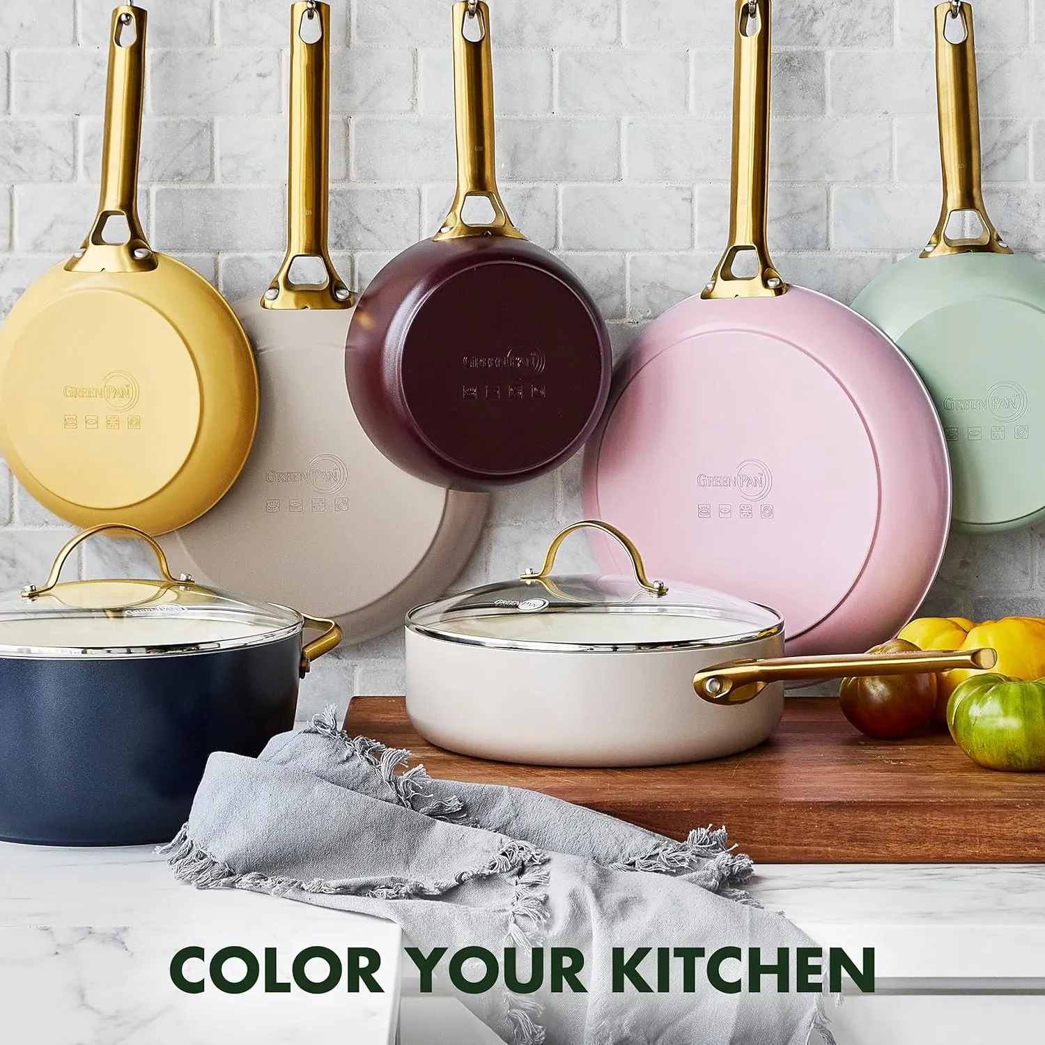 GreenPan Reserve Hard Anodized Healthy Ceramic Nonstick 10 Piece Cookware Pots and Pans Set, Gold Handle, PFAS-Free, Dishwasher Safe, Oven Safe, Sunrise Yellow