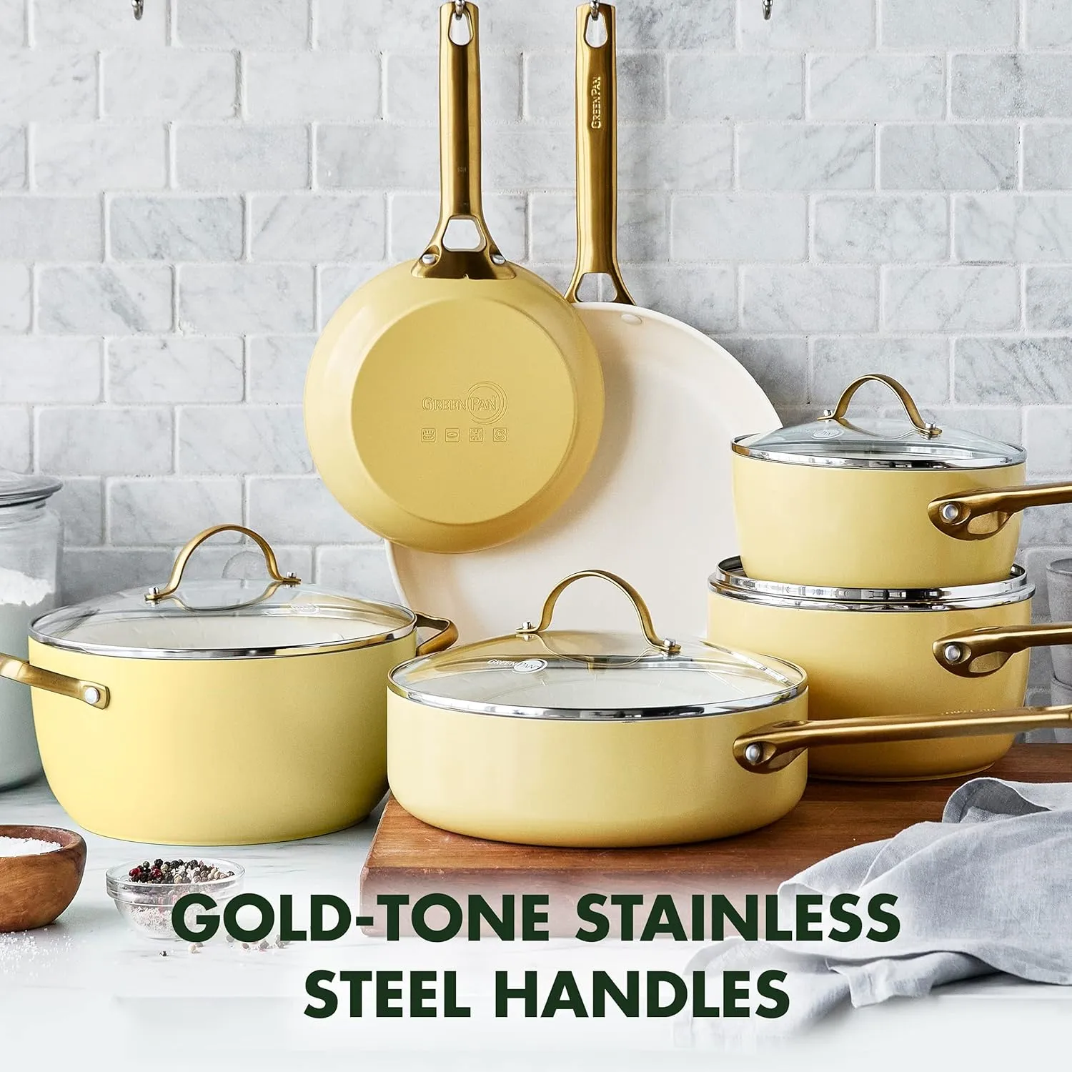 GreenPan Reserve Hard Anodized Healthy Ceramic Nonstick 10 Piece Cookware Pots and Pans Set, Gold Handle, PFAS-Free, Dishwasher Safe, Oven Safe, Sunrise Yellow
