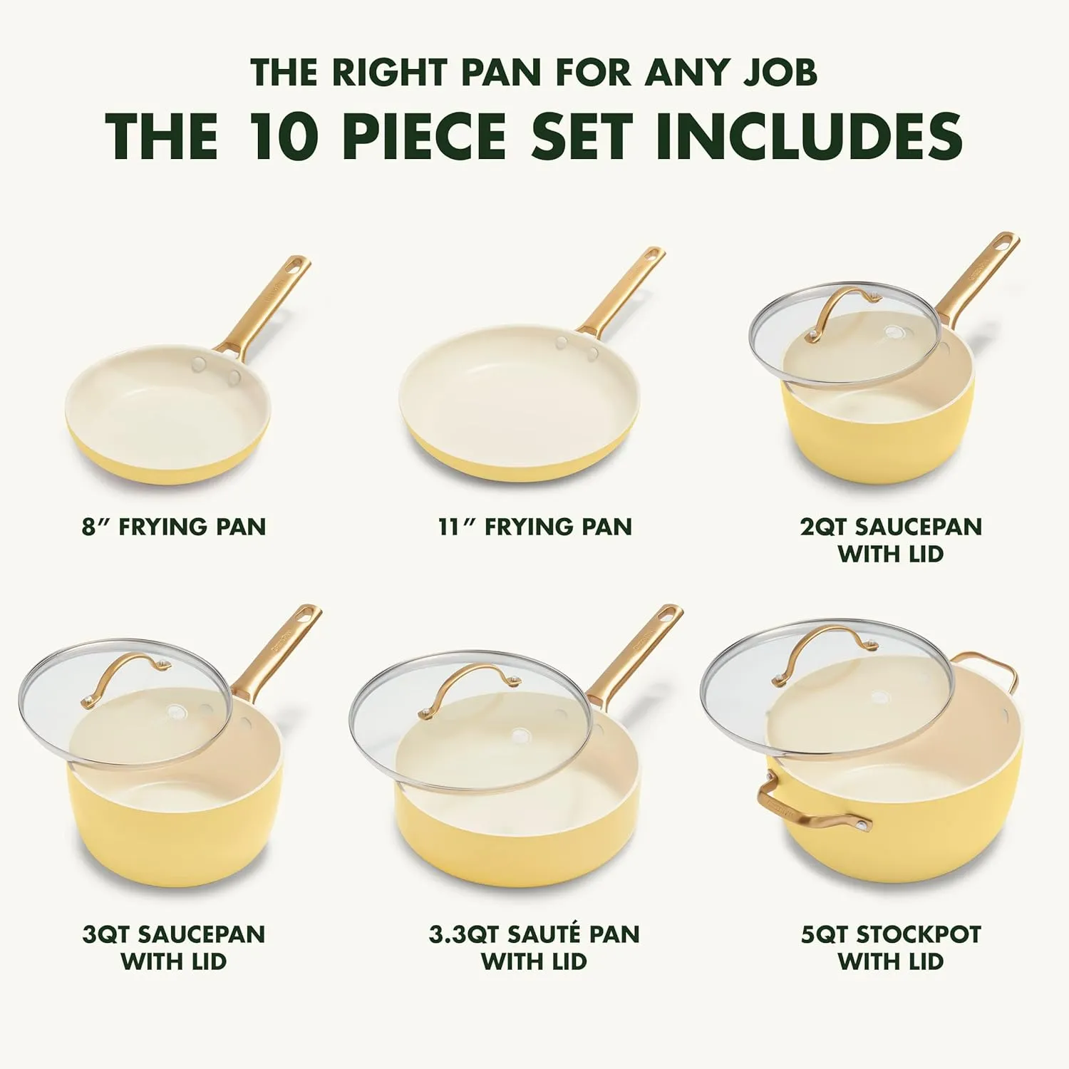GreenPan Reserve Hard Anodized Healthy Ceramic Nonstick 10 Piece Cookware Pots and Pans Set, Gold Handle, PFAS-Free, Dishwasher Safe, Oven Safe, Sunrise Yellow
