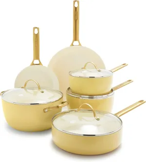 GreenPan Reserve Hard Anodized Healthy Ceramic Nonstick 10 Piece Cookware Pots and Pans Set, Gold Handle, PFAS-Free, Dishwasher Safe, Oven Safe, Sunrise Yellow