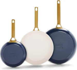 GreenPan Reserve Hard Anodized Healthy Ceramic Nonstick 8" 10" and 12" 3 Piece Frying Pan Skillet Set, Gold Handle, Induction, PFAS-Free, Dishwasher Safe, Oven Safe, Twilight Blue