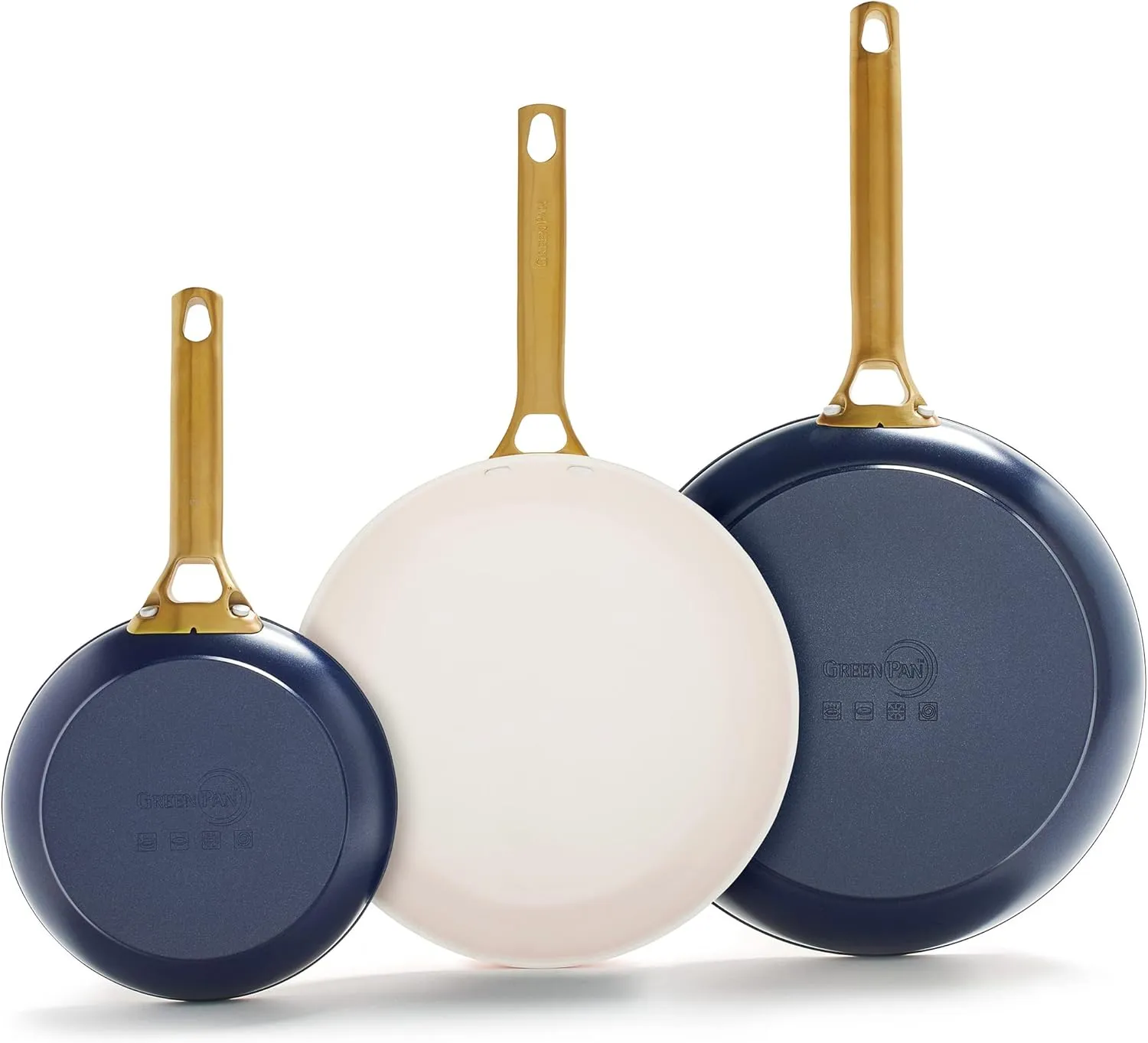 GreenPan Reserve Hard Anodized Healthy Ceramic Nonstick 8" 10" and 12" 3 Piece Frying Pan Skillet Set, Gold Handle, Induction, PFAS-Free, Dishwasher Safe, Oven Safe, Twilight Blue