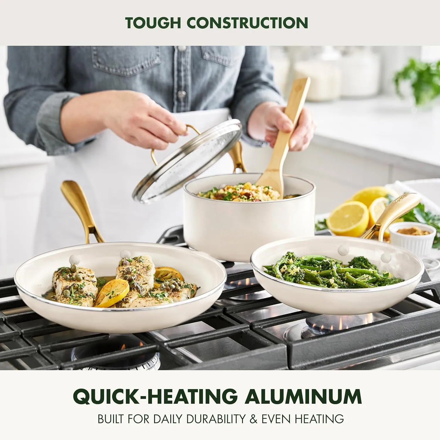 GreenPan Swift 12 Piece Cookware Pot and Pans Set, PFAS & PFOA-Free Healthy Ceramic Nonstick, Gold Stainless Steel Handle, Versatile Cooking Essentials, Dishwasher & Oven Safe, Cream