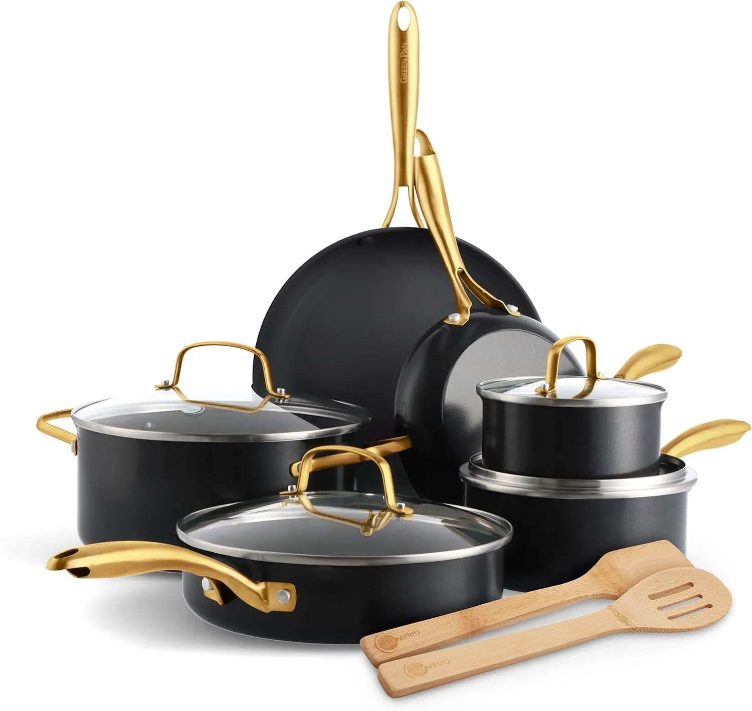 GreenPan Swift 12 Piece Cookware Pot and Pans Set, PFAS & PFOA-Free Healthy Ceramic Nonstick, Gold Stainless Steel Handle, Versatile Cooking Essentials, Dishwasher & Oven Safe, Cream