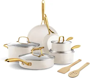 GreenPan Swift 12 Piece Cookware Pot and Pans Set, PFAS & PFOA-Free Healthy Ceramic Nonstick, Gold Stainless Steel Handle, Versatile Cooking Essentials, Dishwasher & Oven Safe, Cream