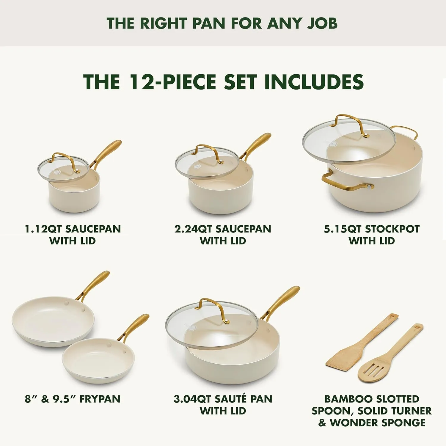 GreenPan Swift 12 Piece Cookware Pot and Pans Set, PFAS & PFOA-Free Healthy Ceramic Nonstick, Gold Stainless Steel Handle, Versatile Cooking Essentials, Dishwasher & Oven Safe, Cream