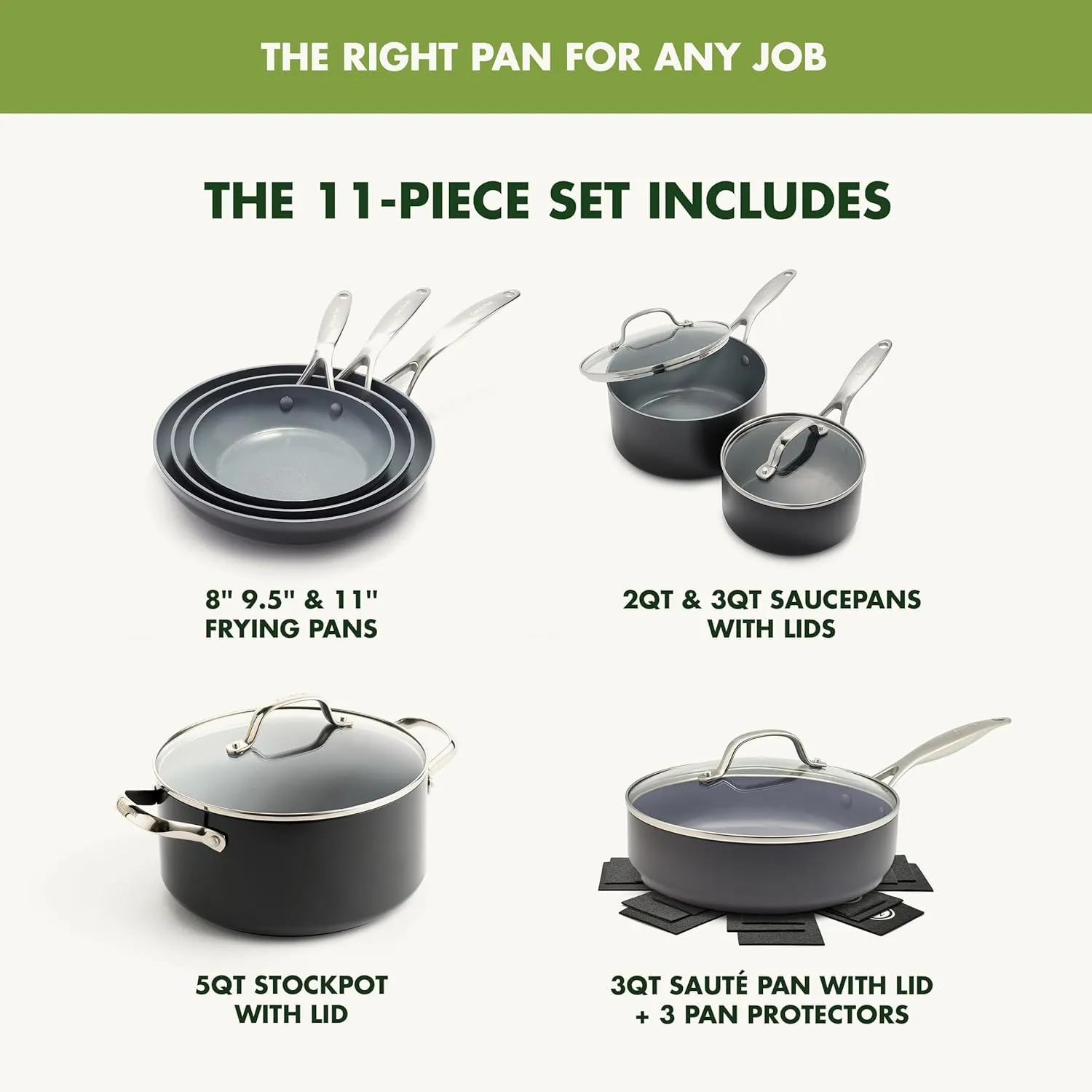 GreenPan Valencia Pro Hard Anodized Healthy Ceramic Nonstick 11 Piece Cookware Pots and Pans Set, PFAS-Free, Induction, Dishwasher Safe, Oven Safe, Gray,Grey