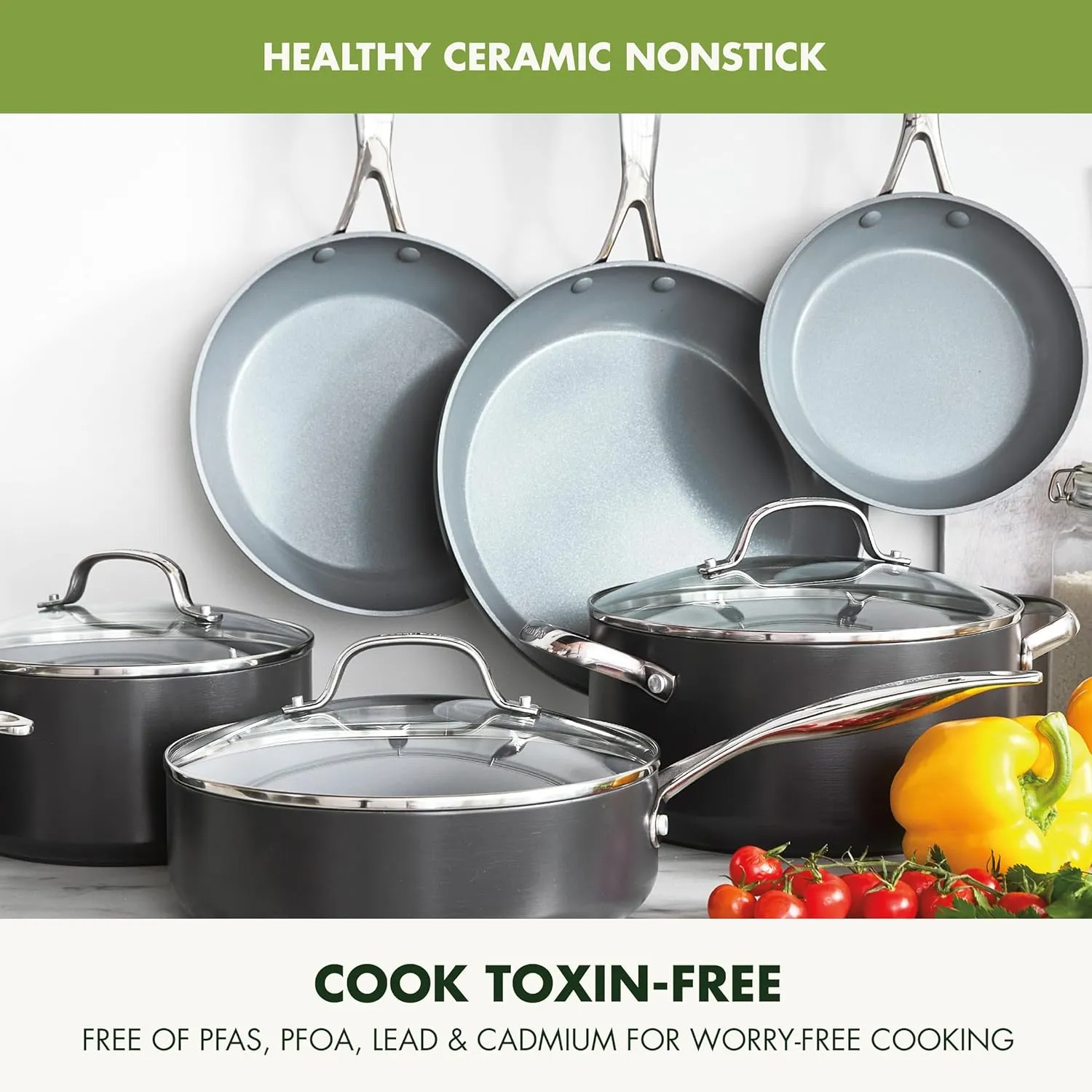 GreenPan Valencia Pro Hard Anodized Healthy Ceramic Nonstick 11 Piece Cookware Pots and Pans Set, PFAS-Free, Induction, Dishwasher Safe, Oven Safe, Gray,Grey