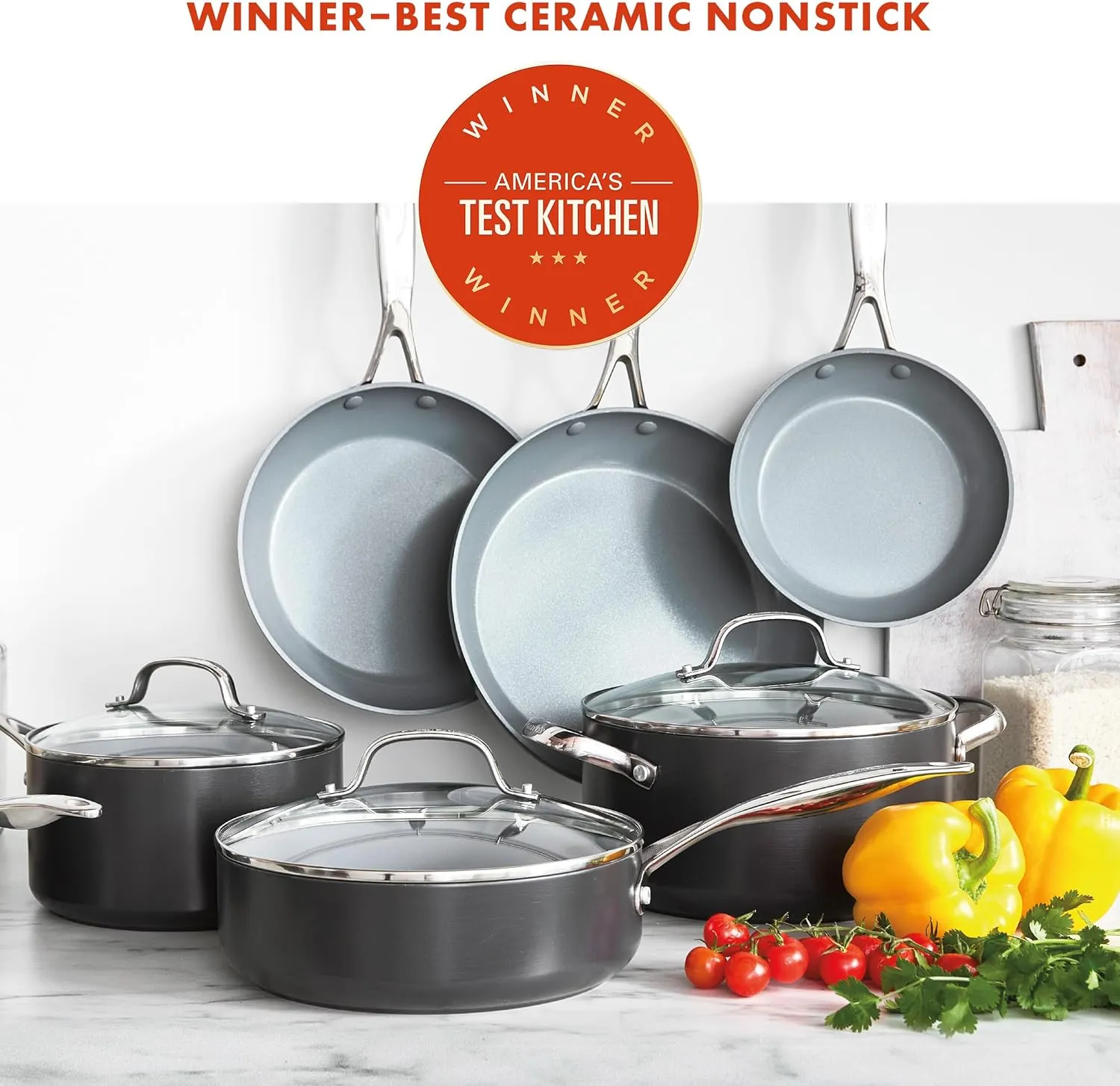 GreenPan Valencia Pro Hard Anodized Healthy Ceramic Nonstick 11 Piece Cookware Pots and Pans Set, PFAS-Free, Induction, Dishwasher Safe, Oven Safe, Gray,Grey