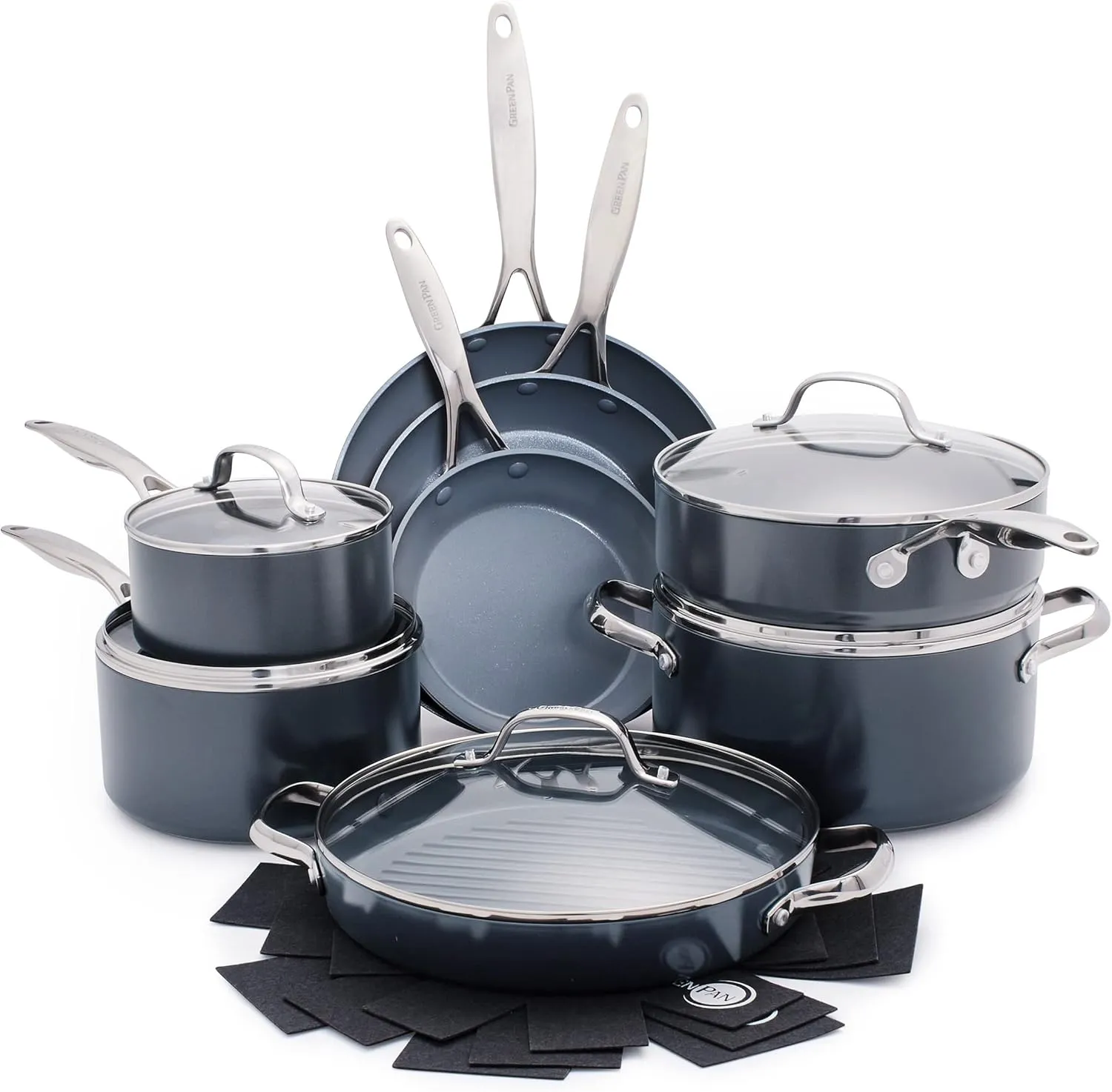 GreenPan Valencia Pro Hard Anodized Healthy Ceramic Nonstick 16 Piece Cookware Pots and Pans Set, PFAS-Free, Induction, Dishwasher Safe, Oven Safe, Gray
